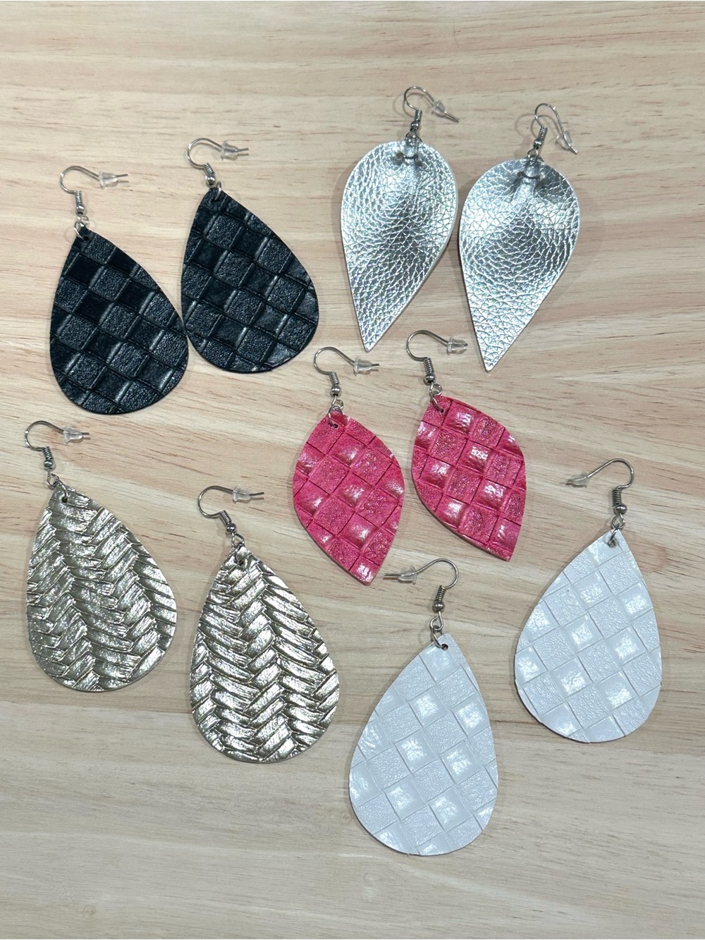 5 Pair Faux Leather Metallic & Basket Weave Dangle Earrings